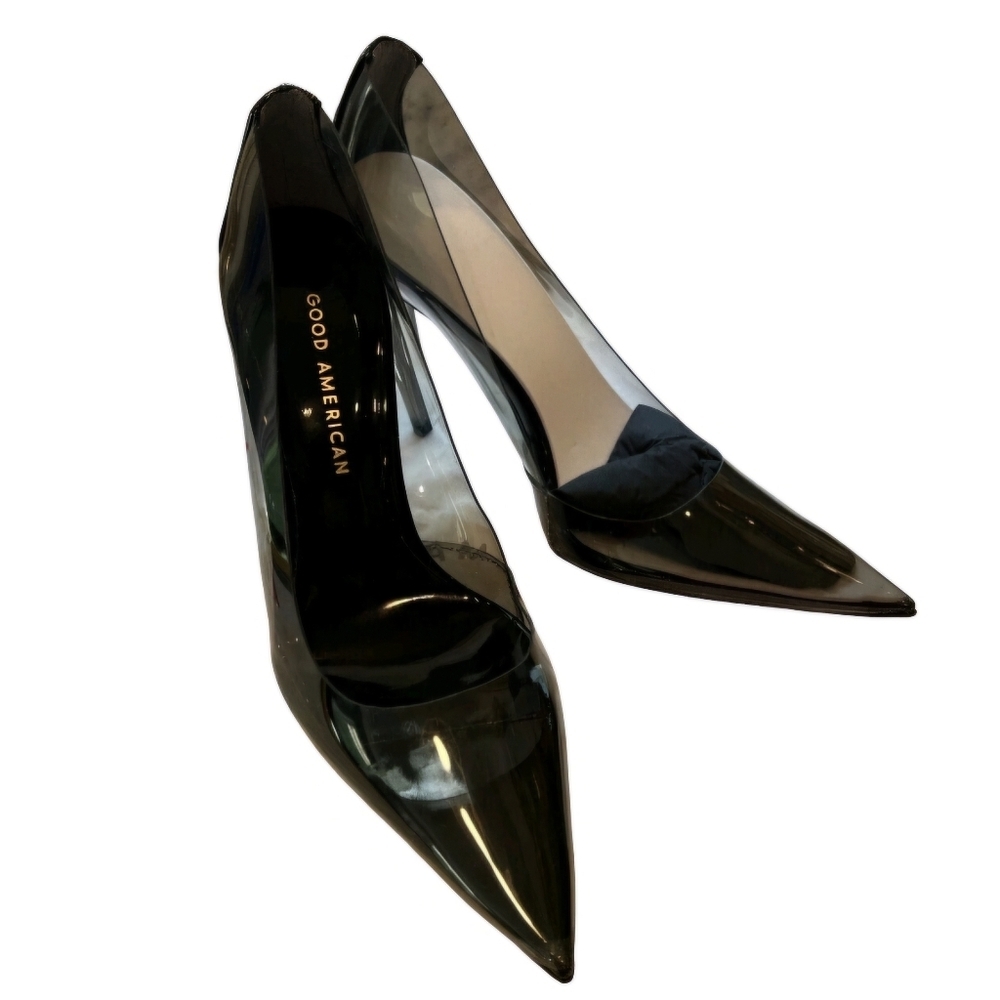 Good American Black Pointed Toe Pumps High Heels Stiletto PVC